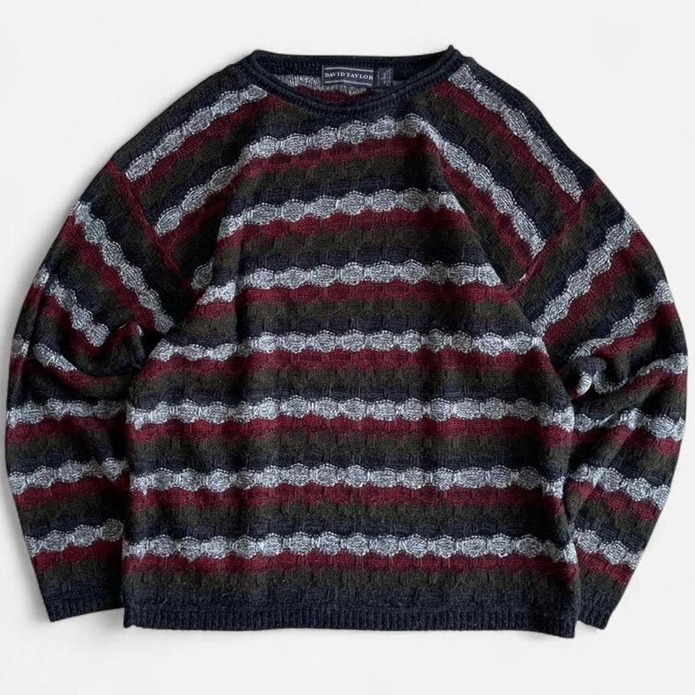 Vintage David Taylor Lightweight Retro Striped Black Grey Red Green Knit Sweater